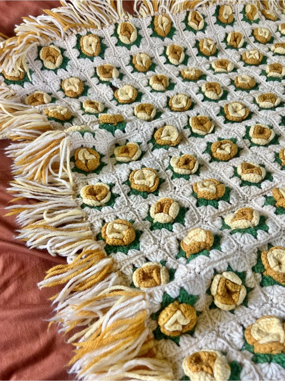 Vintage Crochet Granny Square Blanket Roses Fringe